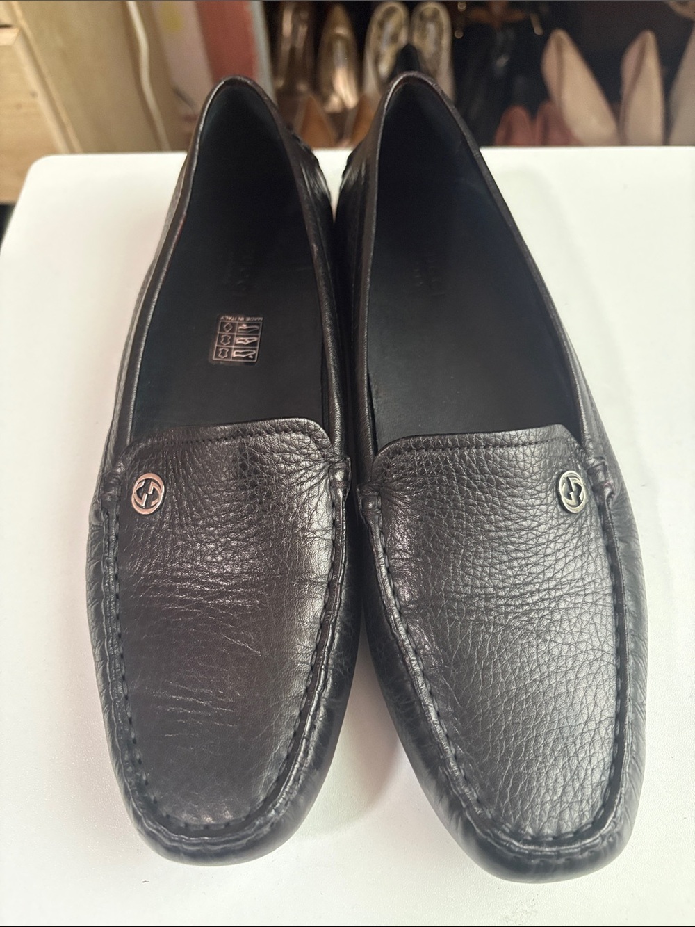 Gucci Black Pebbled Leather Slip-On Loafers with Silver Logo